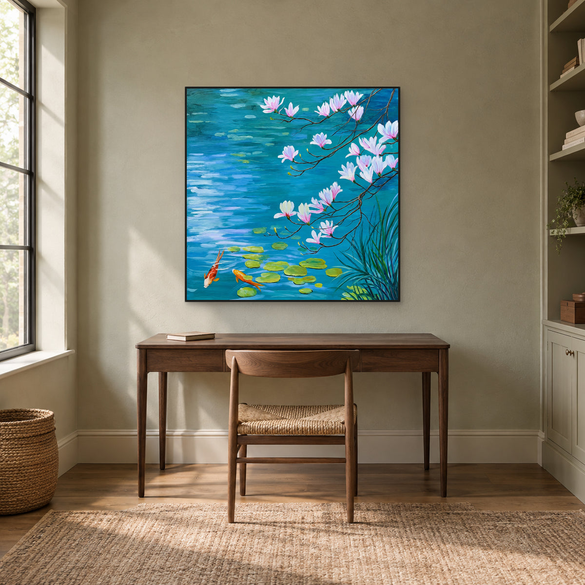 Square magnolia pond painting in a slim black frame above a dark wooden desk beside a window