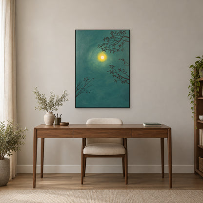 Green moon painting in a thin black floating frame above a walnut-toned desk