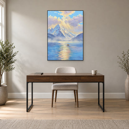 Tableau de lac et montagne au matin dans un cadre flottant noir, centré au-dessus d’un bureau couleur noyer