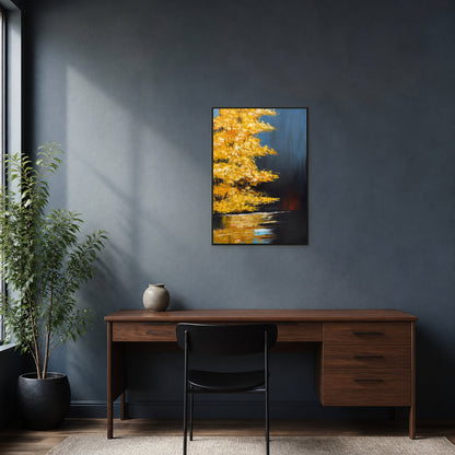 Golden Maple at Dusk in a slim black floating frame centred above a walnut desk on a charcoal-blue wall