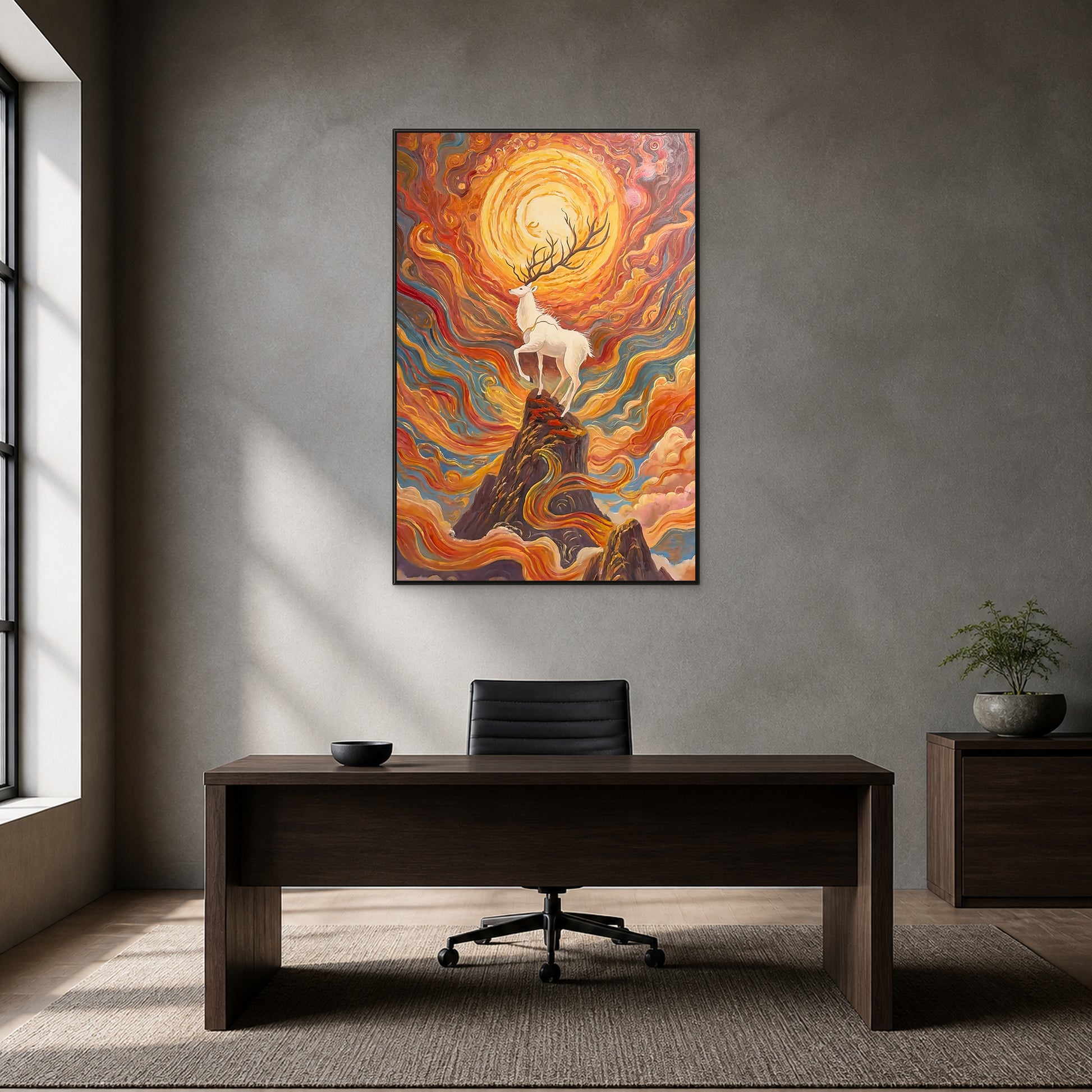 Red and gold sunrise deer artwork in a thin black floating frame above a walnut desk