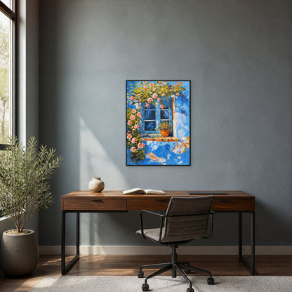Fenêtre bleue en fleurs dans un fin cadre flottant noir au-dessus d’un bureau contemporain