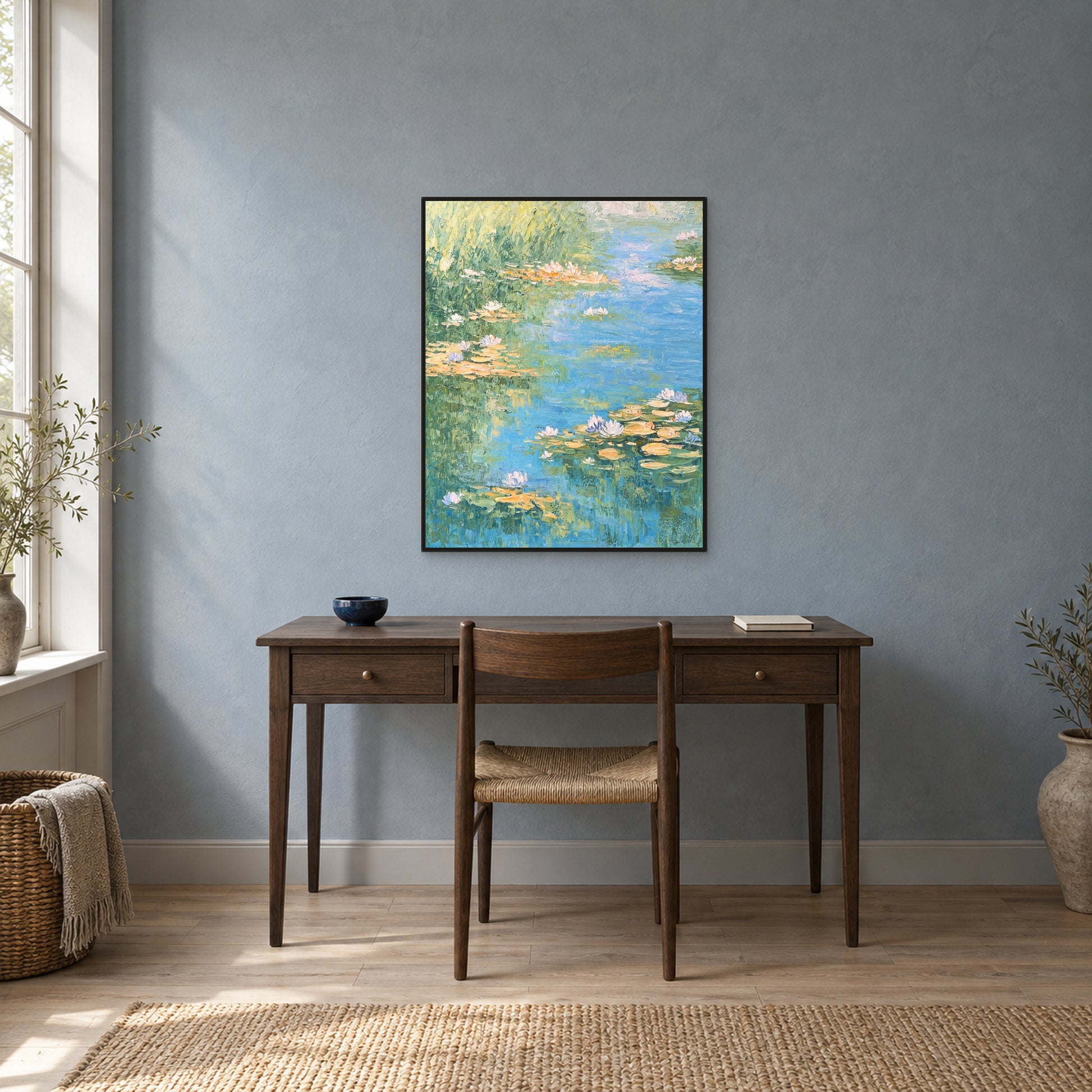 Water-lily artwork in a slim black floating frame above a smoked-oak writing desk