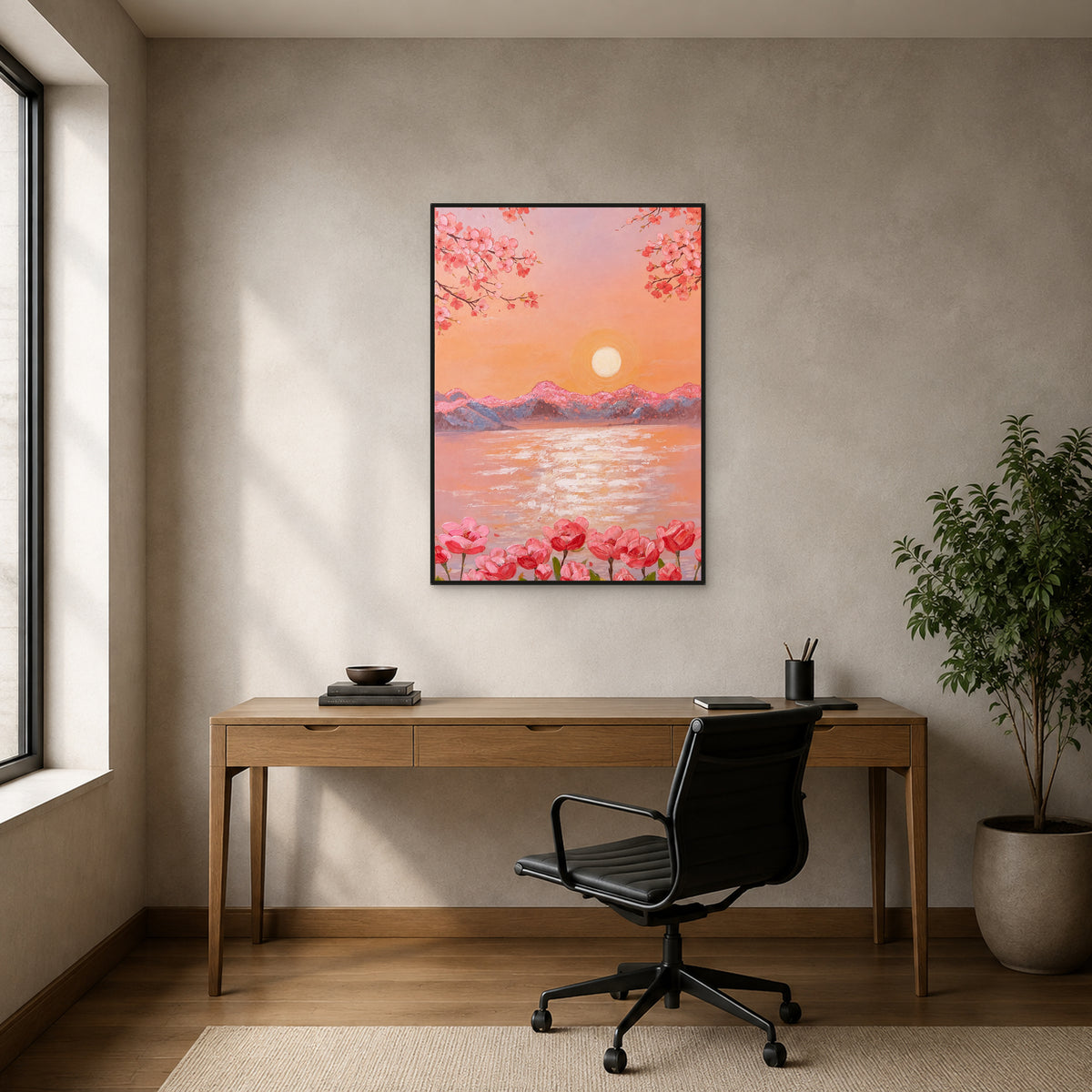 Peach Blossom Sunrise in a slim black floating frame above a medium-oak home office desk