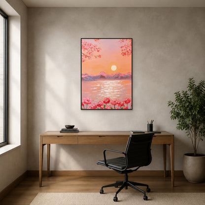 Peach Blossom Sunrise in a slim black floating frame above a medium-oak home office desk