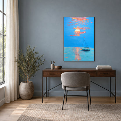 Tableau d’une barque bleu-vert sous un couchant corail, fin cadre flottant noir, au-dessus d’un bureau en noyer sur mur bleu-gris.