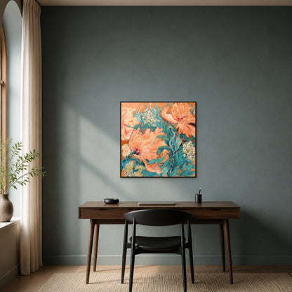 Jardin de pivoines corail dans un fin cadre flottant noir au-dessus d’un bureau en noyer sur un mur de bureau bleu-vert feutré