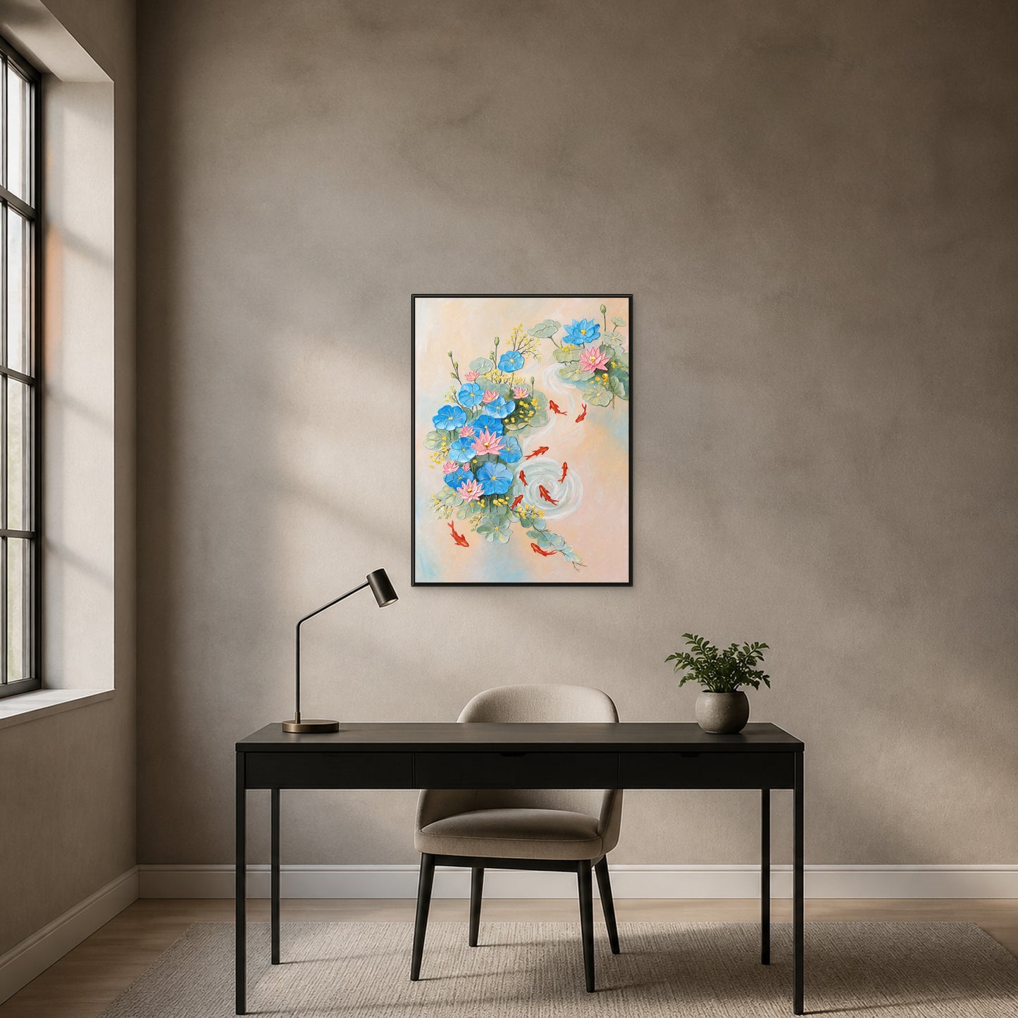 Neuf carpes koï et lotus dans un fin cadre flottant noir au-dessus d’un bureau noir sur un mur gris pierre