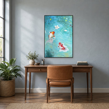 Turquoise pond and fish painting in a slim black floating frame above a writing desk