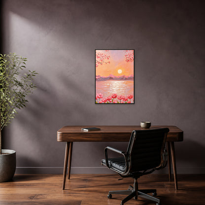 Cherry Blossom Sunset Lake in a slim black floating frame above a walnut desk on a smoky plum-grey office wall