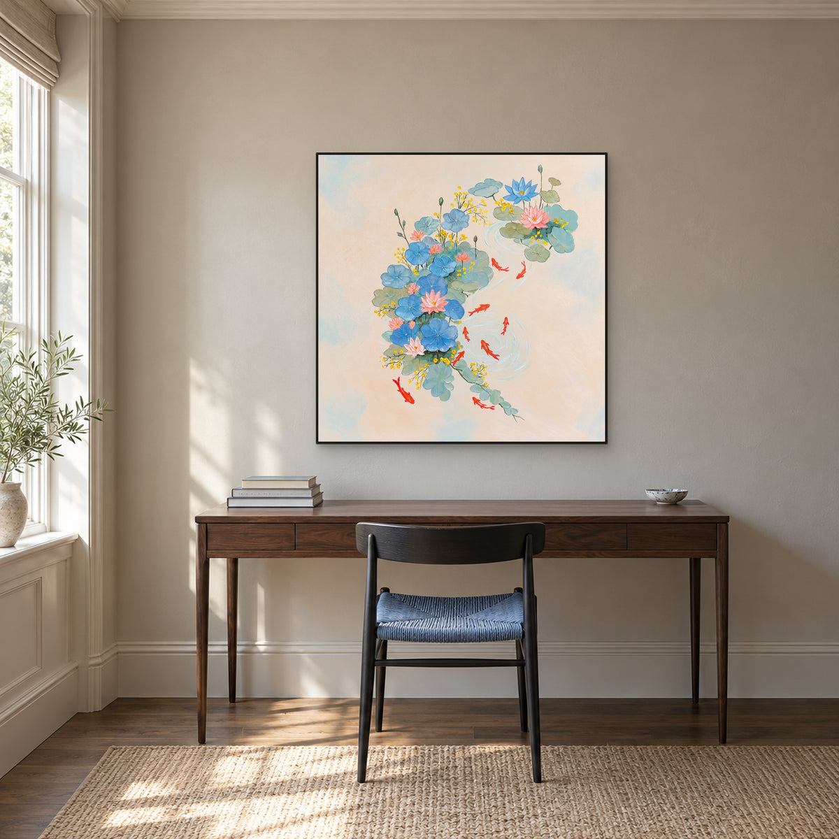 Tableau carré d’étang pastel dans un cadre noir au-dessus d’un bureau en bois foncé