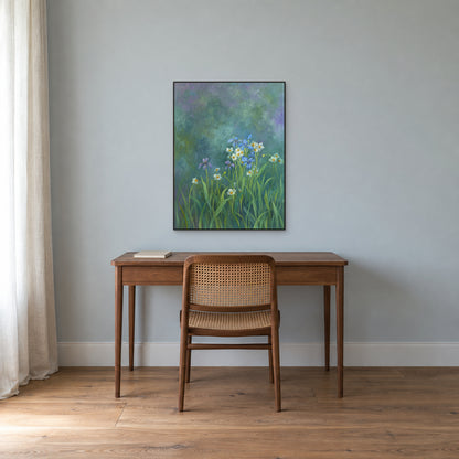 Blue irises and white flowers in a slim black frame above a walnut desk on a blue-grey wall
