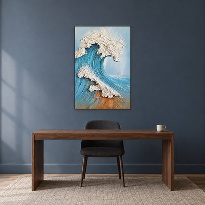 Blue wave and ivory foam in a black floating frame above a walnut desk