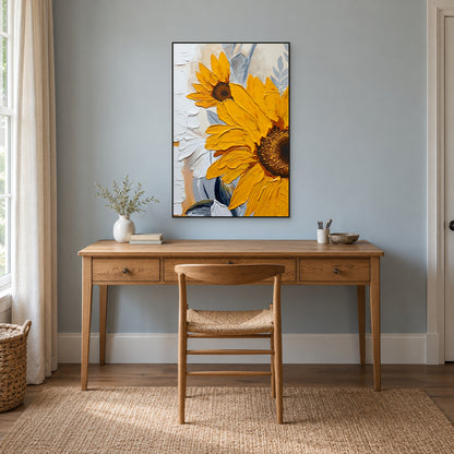 Black-framed sunflower artwork above an oak writing desk against a pale blue-grey wall