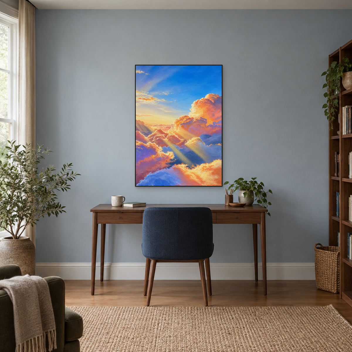 Tableau de nuages bleus et pêche dans un cadre flottant noir, au-dessus d’un bureau en bois sur un mur bleu-gris
