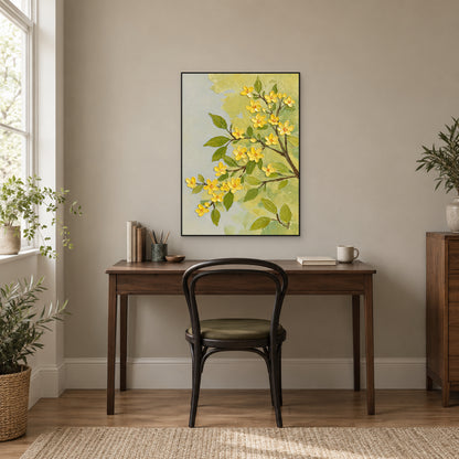 Tableau de fleurs jaunes dans un cadre noir, au-dessus d’un bureau en bois sombre près d’une fenêtre lumineuse
