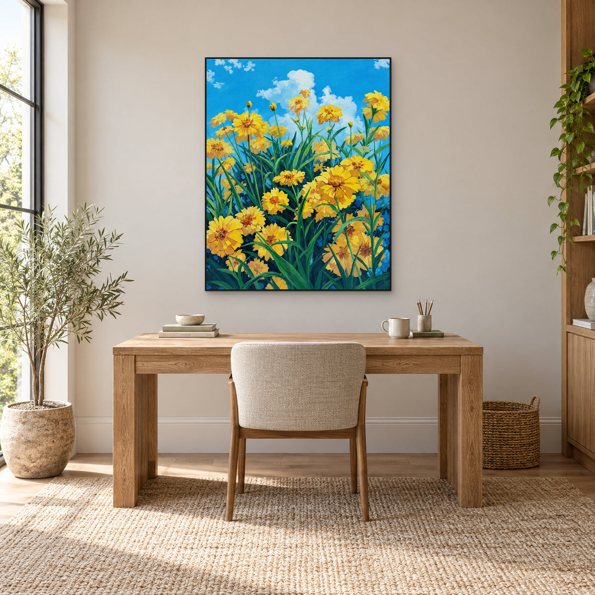 Blue-sky meadow painting in a black floating frame above a wooden desk