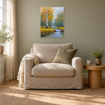 Feuillage doré de bouleaux et ruisseau bleu dans la brume, cadre blanc au-dessus d’un fauteuil couleur lin.