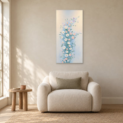 Tableau floral en relief à cadre blanc au-dessus d’un fauteuil ivoire dans un coin lecture