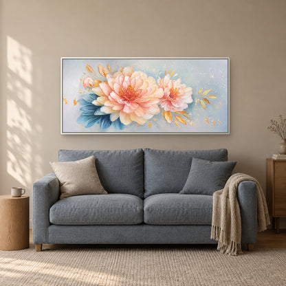 Peony painting in a white floating frame centred over a blue-grey loveseat with cream cushions in a sunlit reading nook