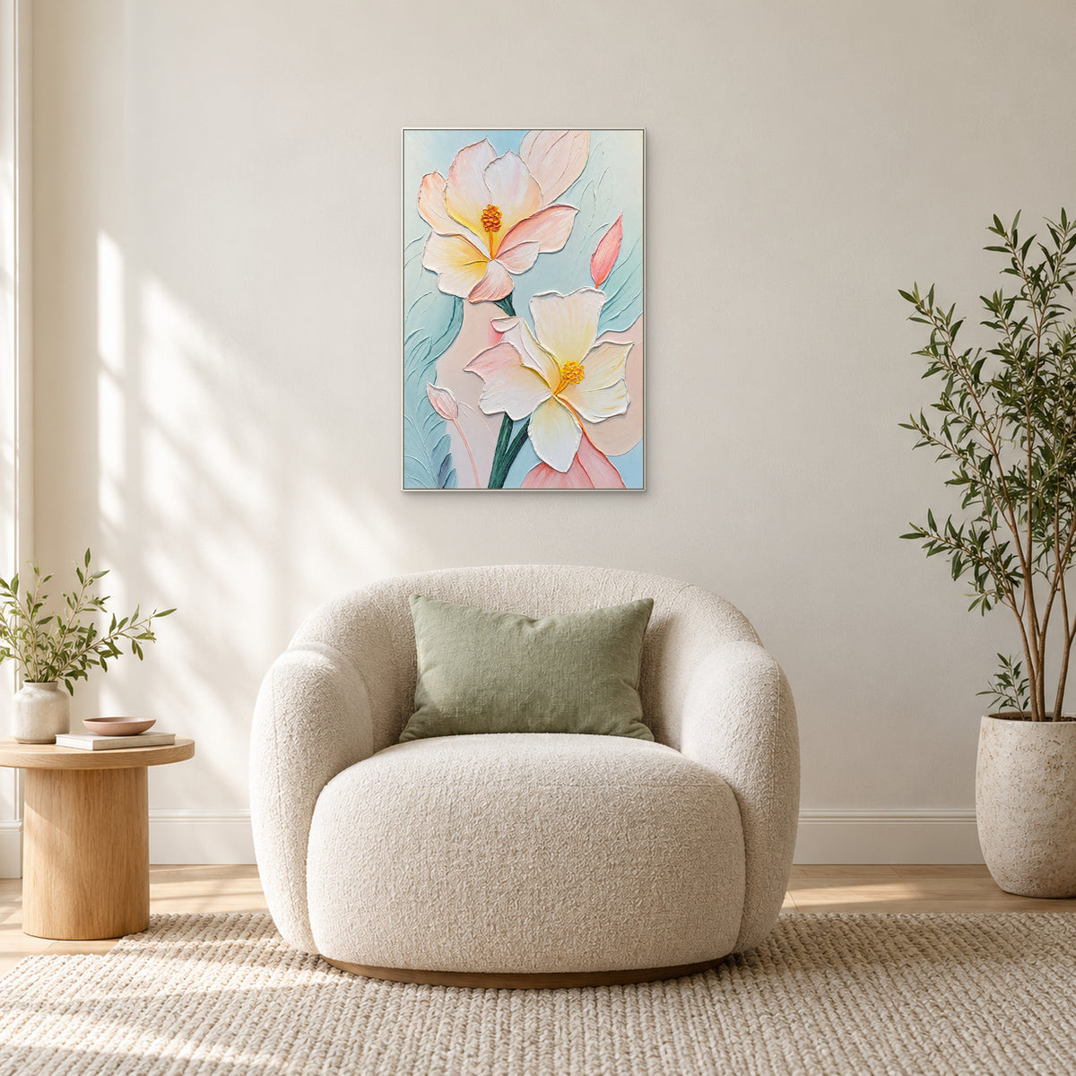 Fleurs crème et rose poudré en relief dans un cadre blanc, au-dessus d’un fauteuil ivoire près d’une table ronde en bois