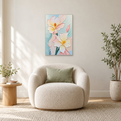 Fleurs crème et rose poudré en relief dans un cadre blanc, au-dessus d’un fauteuil ivoire près d’une table ronde en bois