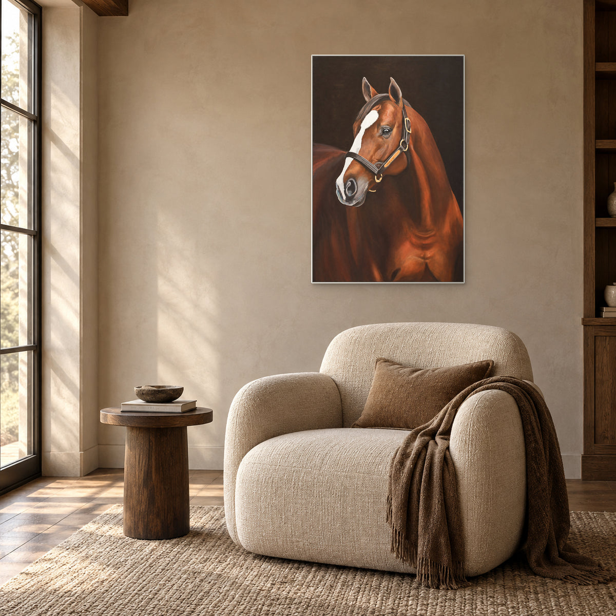 White-blazed horse portrait in a white frame above an ivory reading chair