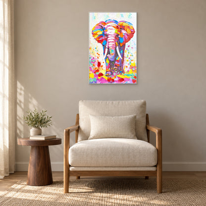 Tableau éléphant encadré de blanc au-dessus d’un fauteuil crème, près d’une table d’appoint ronde en bois