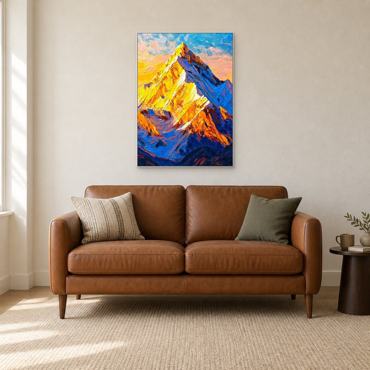 Vertical mountain artwork in a white frame above a cognac leather settee on a warm white wall