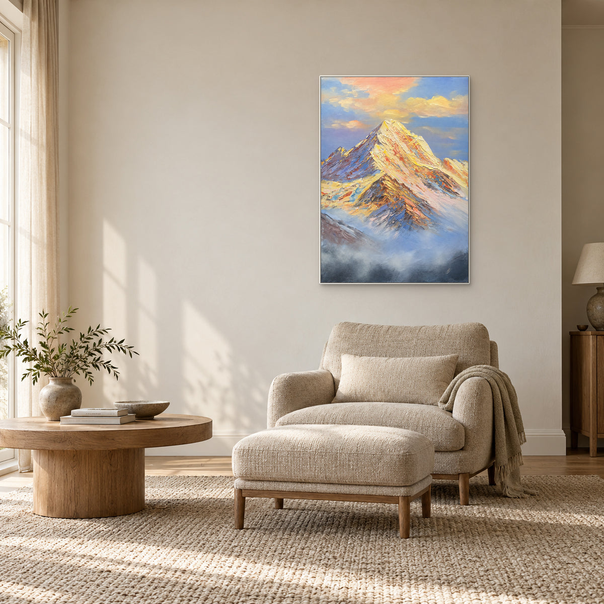 Paysage de montagne or et lilas dans un cadre blanc, au-dessus d'un fauteuil de lecture crème