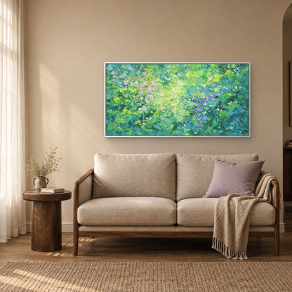 Green in Bloom in a white floating frame above an oatmeal wood-armed settee with a lilac cushion and round side table