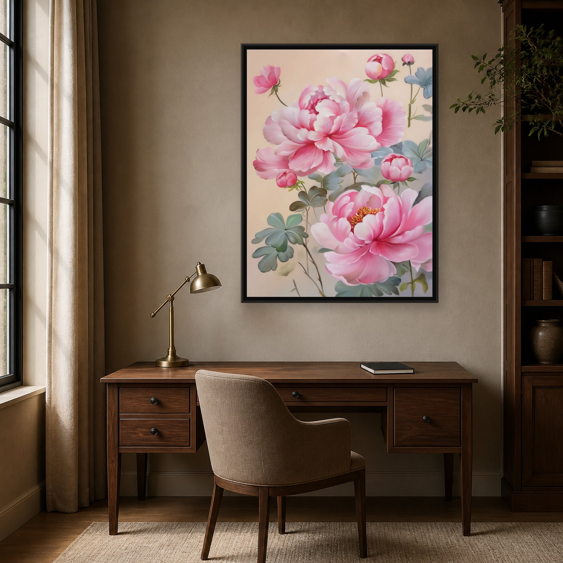 Blush Peonies in a slim black floating frame above a walnut home office desk