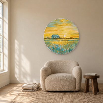 Round cottage painting in a white frame above a cream reading chair, beside a small walnut-tone stool