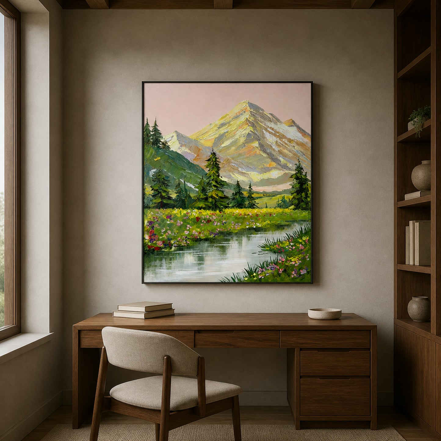 Sunlit Alpine Meadow mountain painting in a black floating frame above a walnut desk