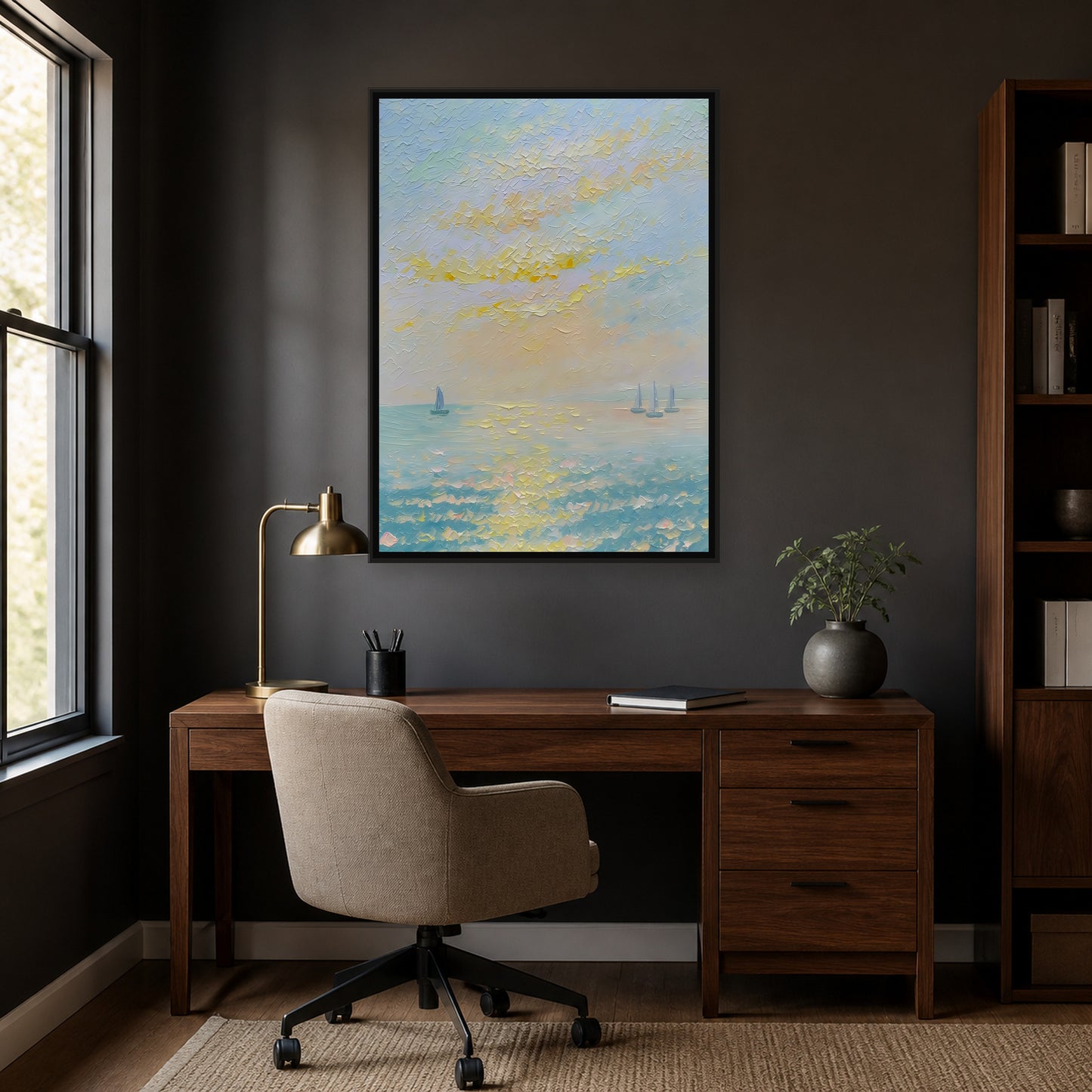 Sails on a Golden Sea in a slim black floating frame above a walnut home office desk