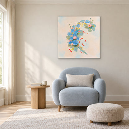 Lotus roses et bleu avec carpes rouges dans un cadre blanc au-dessus d’un fauteuil bleu pâle