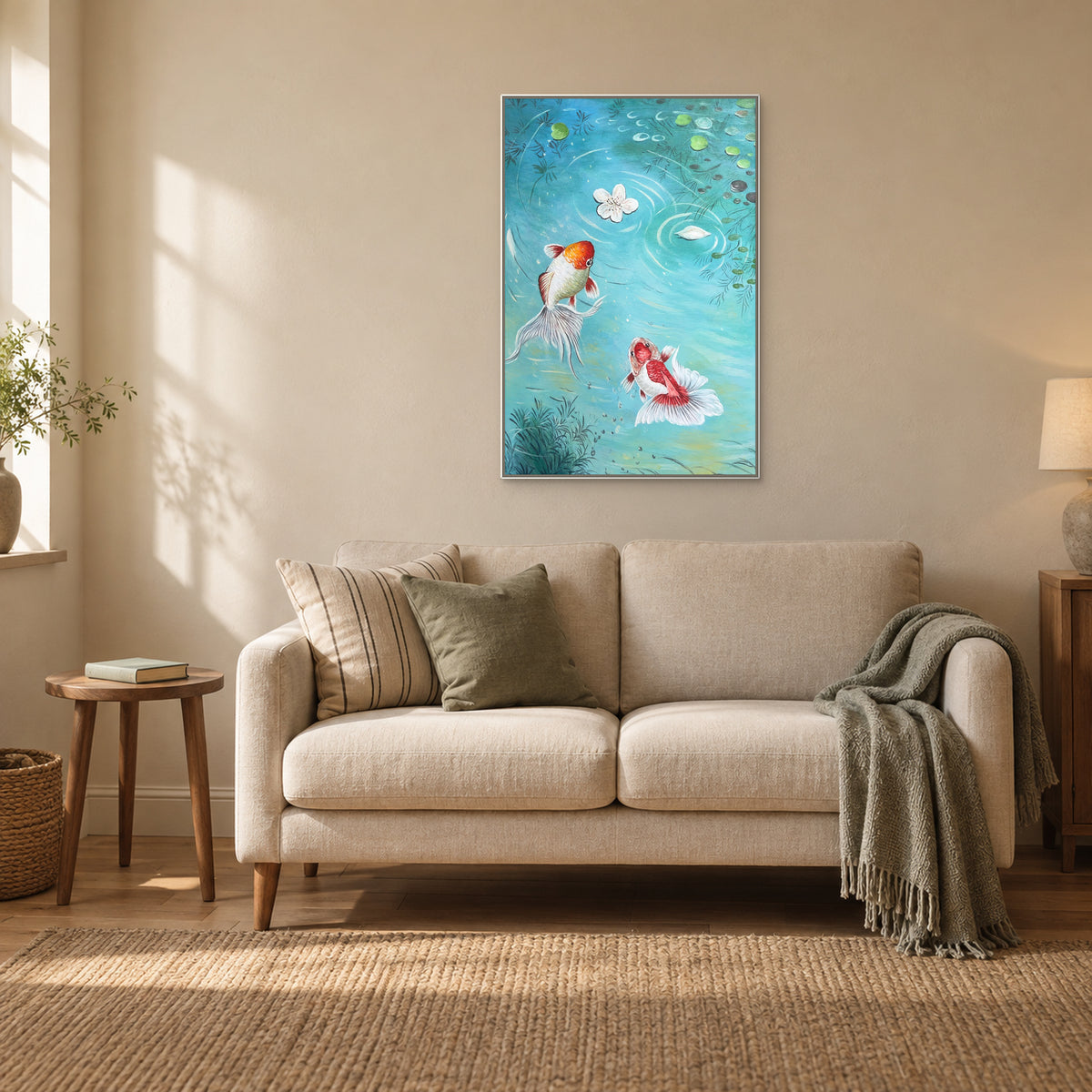Long-tailed fish artwork in a white floating frame above a cream settee