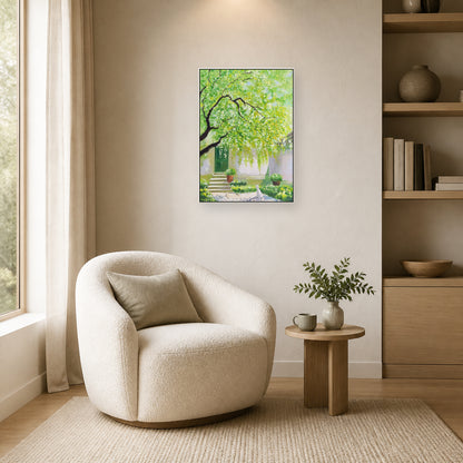 Spring Courtyard in a slim white floating frame beside a neutral reading chair