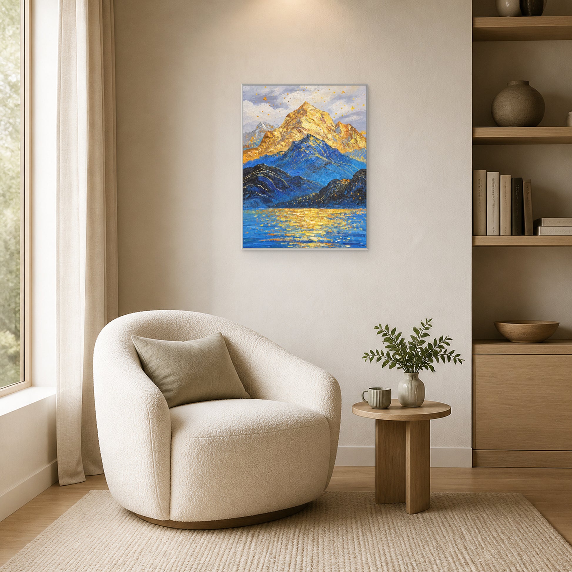 Golden Summit in a slim white floating frame beside a neutral reading chair