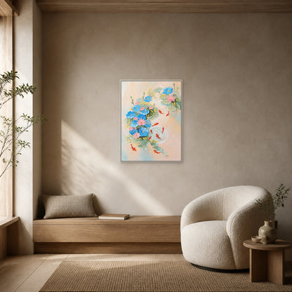 Neuf carpes koï et lotus dans un fin cadre flottant blanc au-dessus d’une banquette en chêne près d’un fauteuil de lecture arrondi