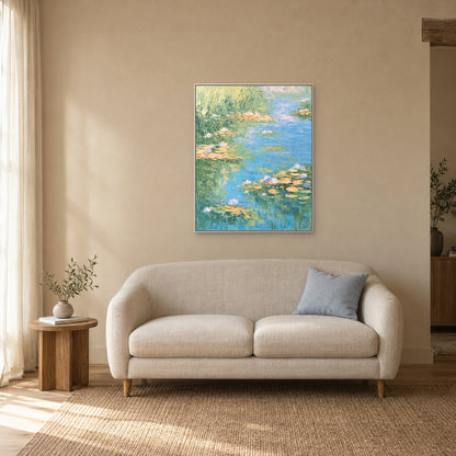Pastel water-lily painting in a white floating frame above a cream settee with a blue cushion
