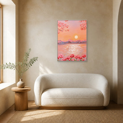 Peach Blossom Sunrise in a slim white floating frame centred above an ivory boucle loveseat