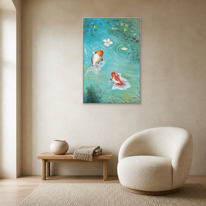 Calm koi pond painting with lily pads in a thin white floating frame above an ivory reading nook
