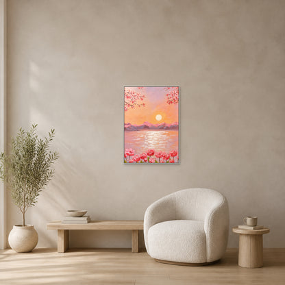 Cherry Blossom Sunset Lake in a slim white floating frame above a cream chair and low oak bench on a mushroom wall