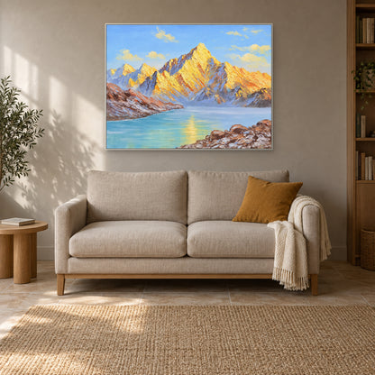 Paysage de montagnes et de lac encadré de blanc, au-dessus d'un petit canapé crème avec un coussin ocre