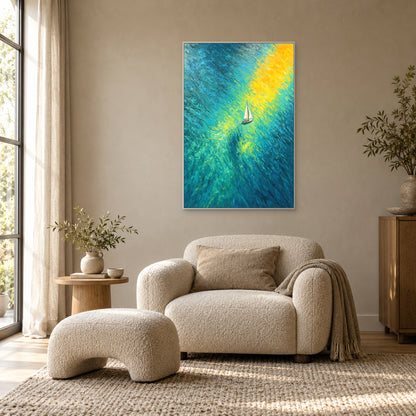 Tableau d’eau bleu-vert aux reflets dorés, dans un fin cadre blanc au-dessus d’un fauteuil crème.