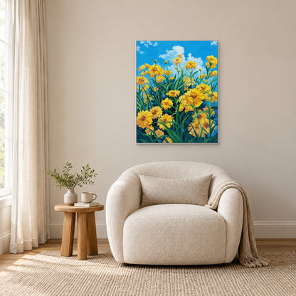 Yellow floral painting in a white floating frame above an upholstered reading chair