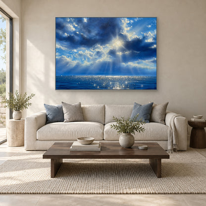 Horizontal blue seascape in a thin silver-coloured frame centred above an oatmeal sofa.