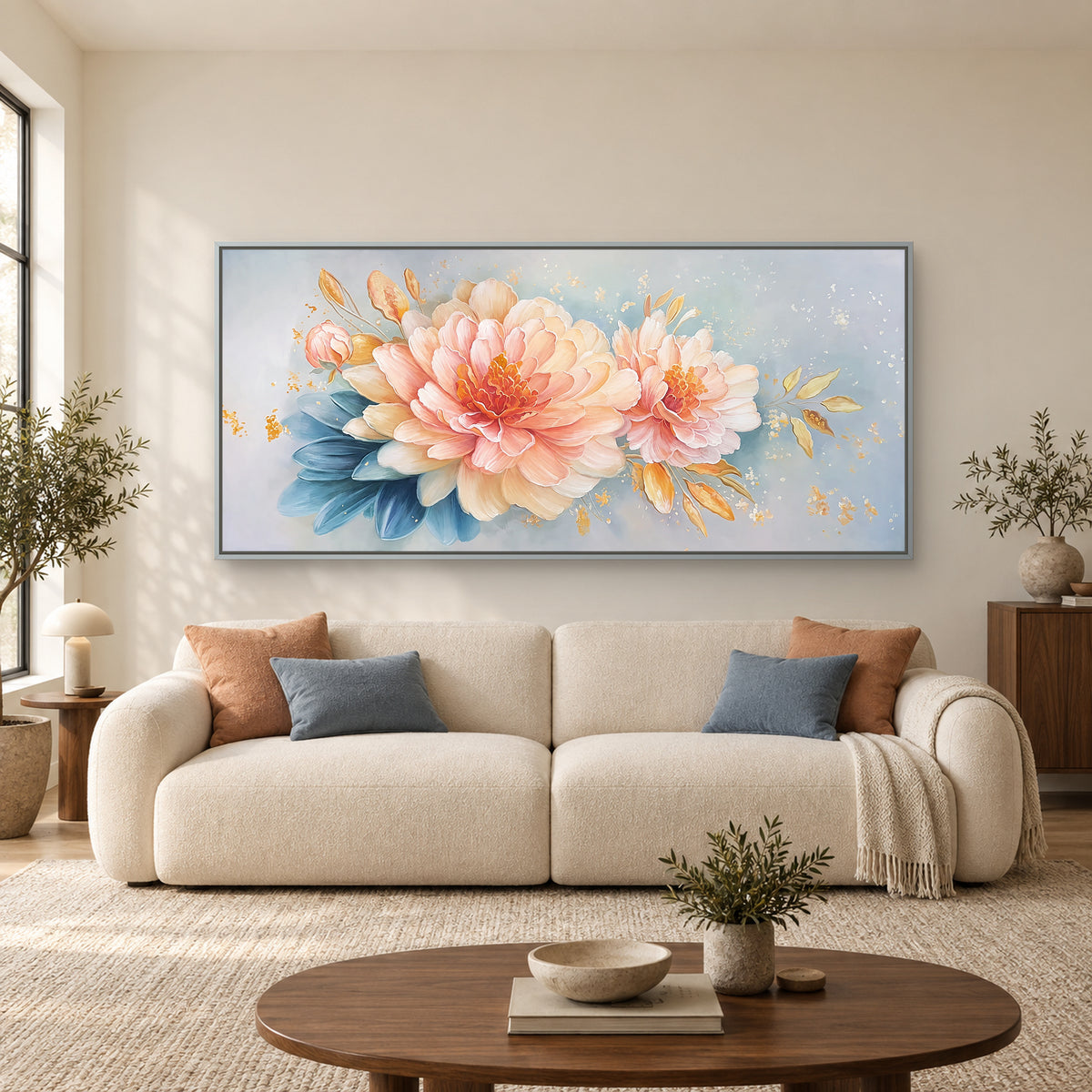 Blush peony panorama in a silver-toned floating frame above a cream sofa with peach and blue cushions