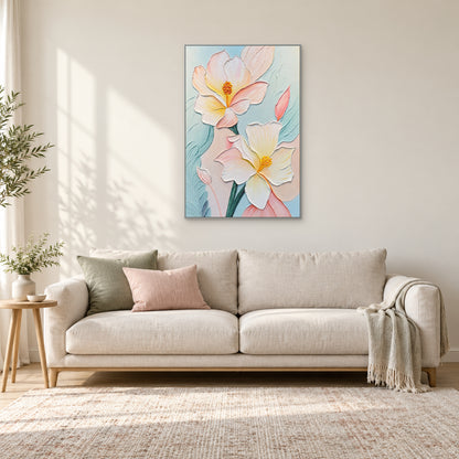 Tableau floral pastel dans un fin cadre argenté, centré au-dessus d’un canapé crème avec coussins roses et verts